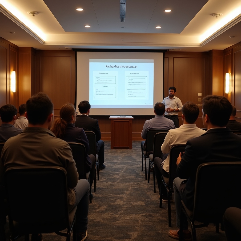 Professional corporate training room with participants engaged in a group educational session about financial topics