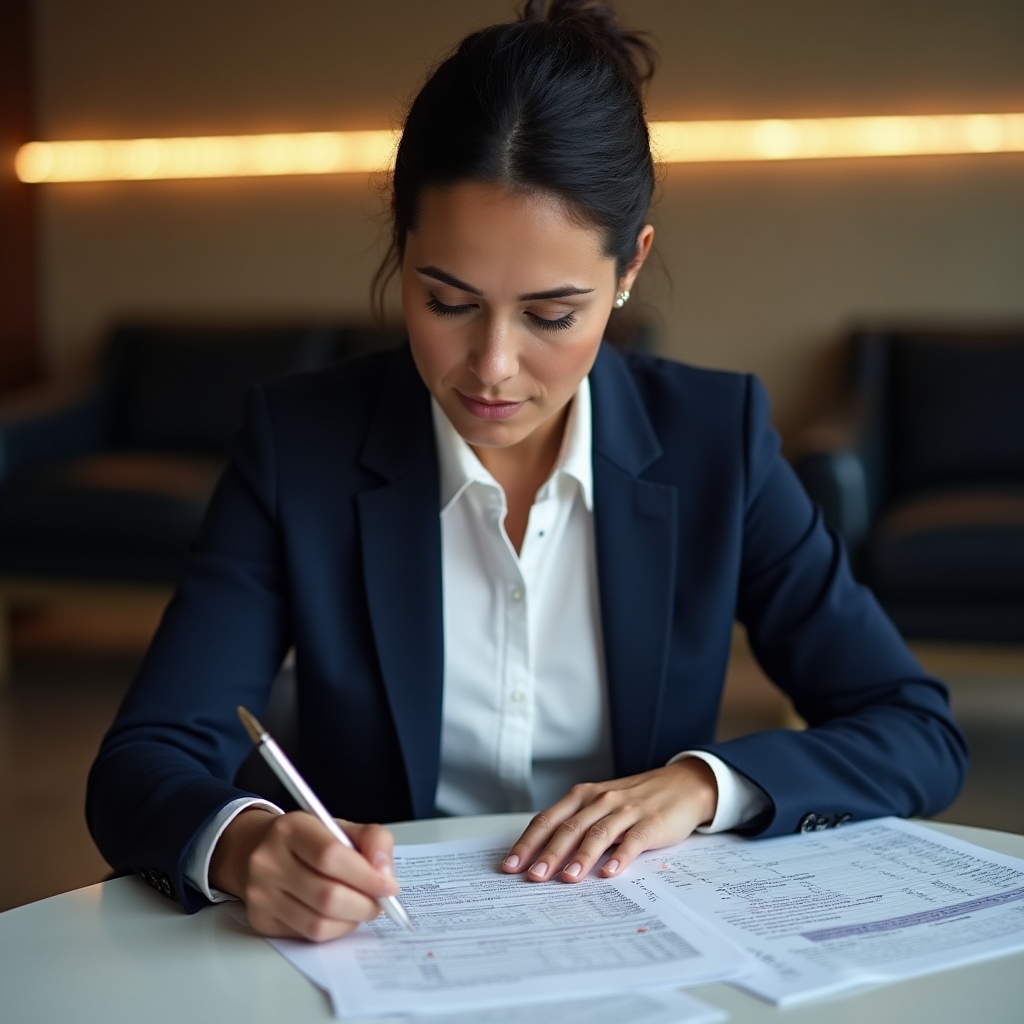 Entrepreneur carefully reviewing tax documents at a desk with focused attention